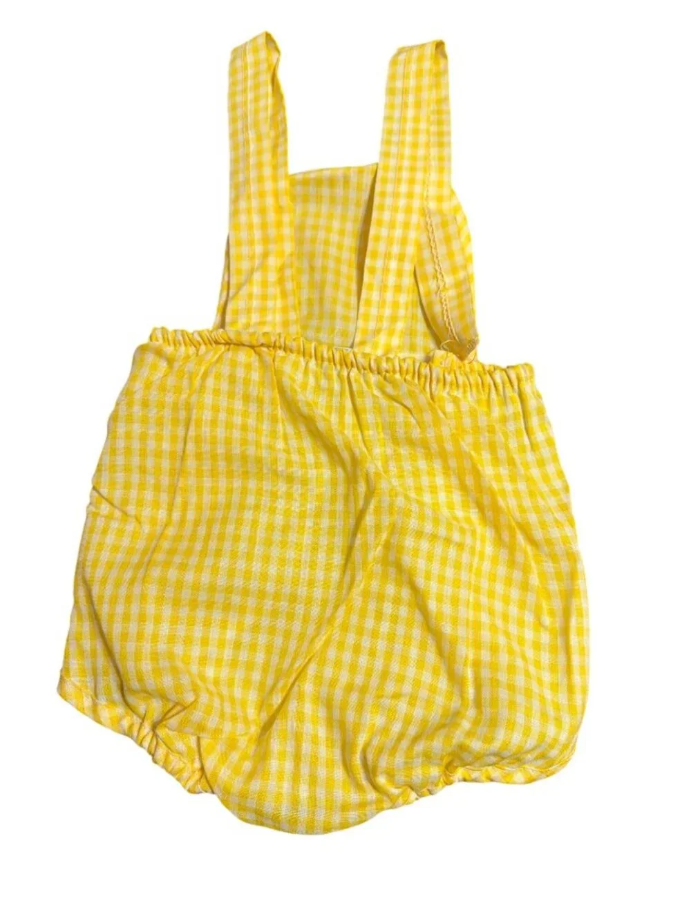 Vintage Sears Romper Yellow White Gingham Print Elephant Plastic Pants Sz S